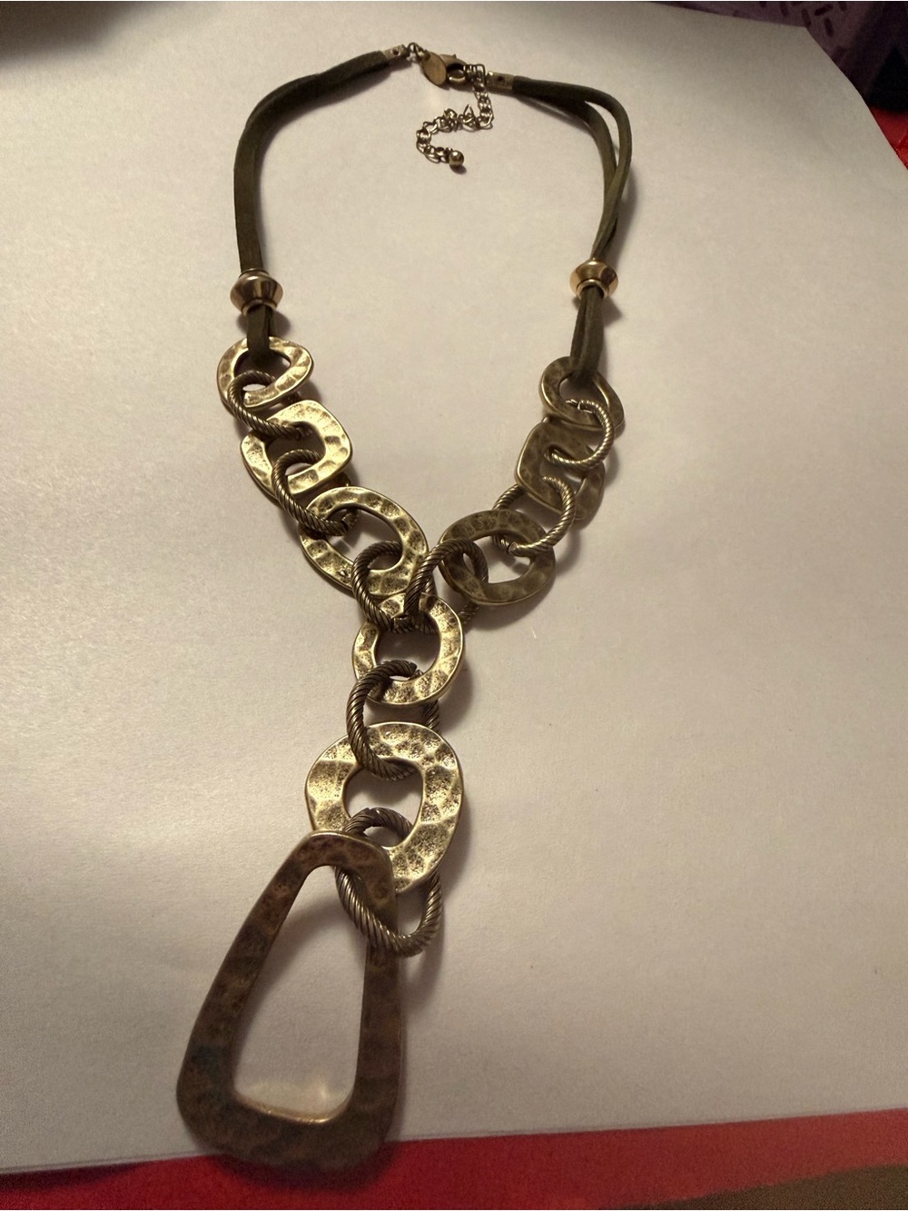 Lia Sophia Gold Tone Statement Necklace Hammered Links Faux Suede Pendant